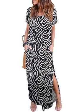 Women Black White Summer Maxi Long Dress Casual Loose Short Sleeve Split Pockets